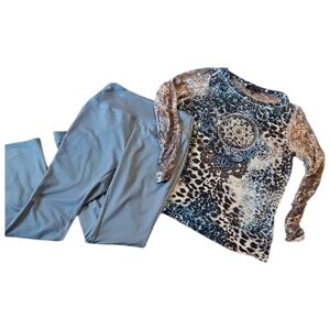 B.L.E.U. Lace Long Sleeve Rhinestone Fitted Top, & Flare Leggings Sz. L